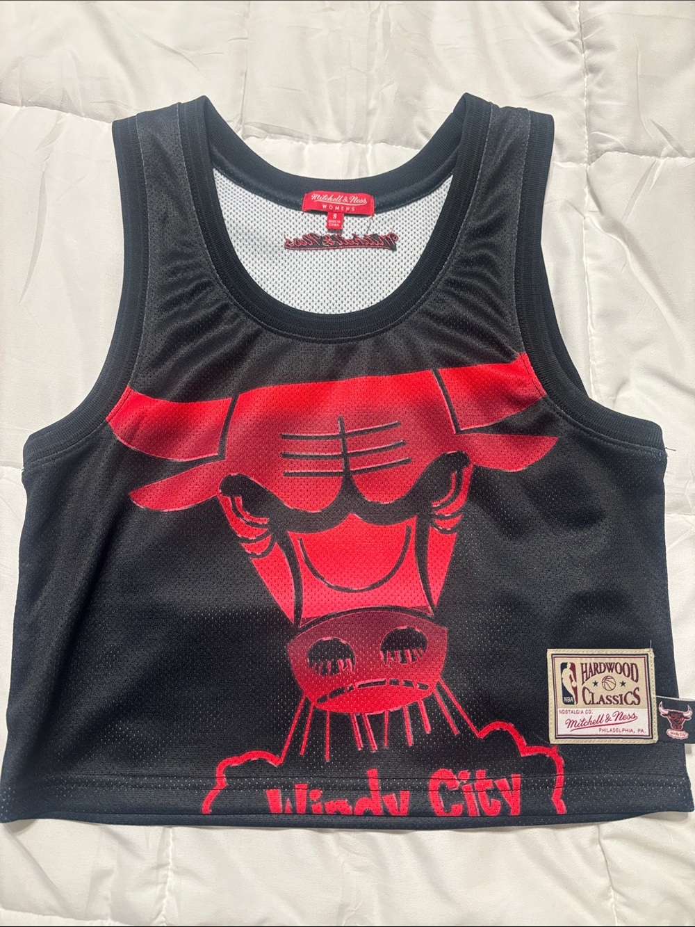 Mitchell & Ness Black and Red Chicago Bulls Graphic Crop Top Jersey